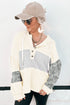 Waffle Knit Stripe Patchwork Henley Drawstring Hood Drop Shoulder Long Sleeve Top